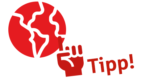 Icon von Hand mit erhobenem Zeigefinger, einer Weltkugel und dem Text "Tipp!" | Sparkasse Hannover