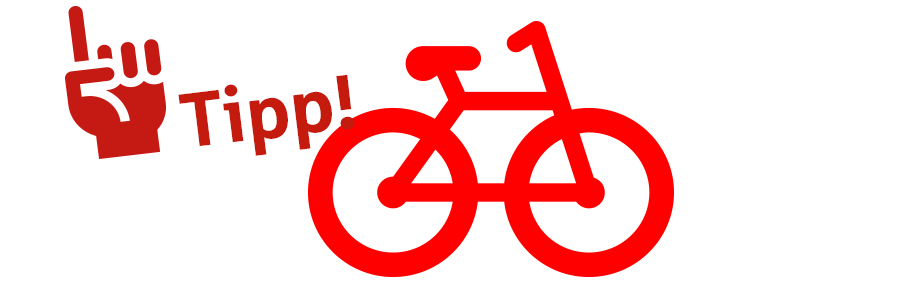 Icon von Hand mit erhobenem Zeigefinger, einem Fahrrad und dem Text "Tipp!" | Sparkasse Hannover