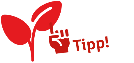 Icon von Hand mit erhobenem Zeigefinger, einer Pflanze und dem Text "Tipp!" | Sparkasse Hannover
