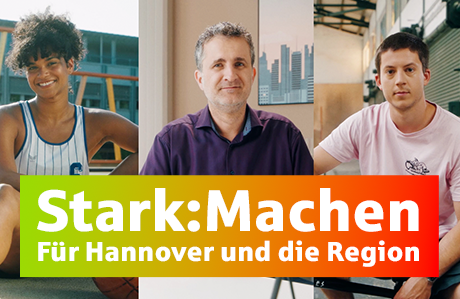 Junge Leute: Drei Menschen schauen freundlich in die Kamera mit Textbox "Stark:Machen - Für Hannover und die Region" | Sparkasse Hannover